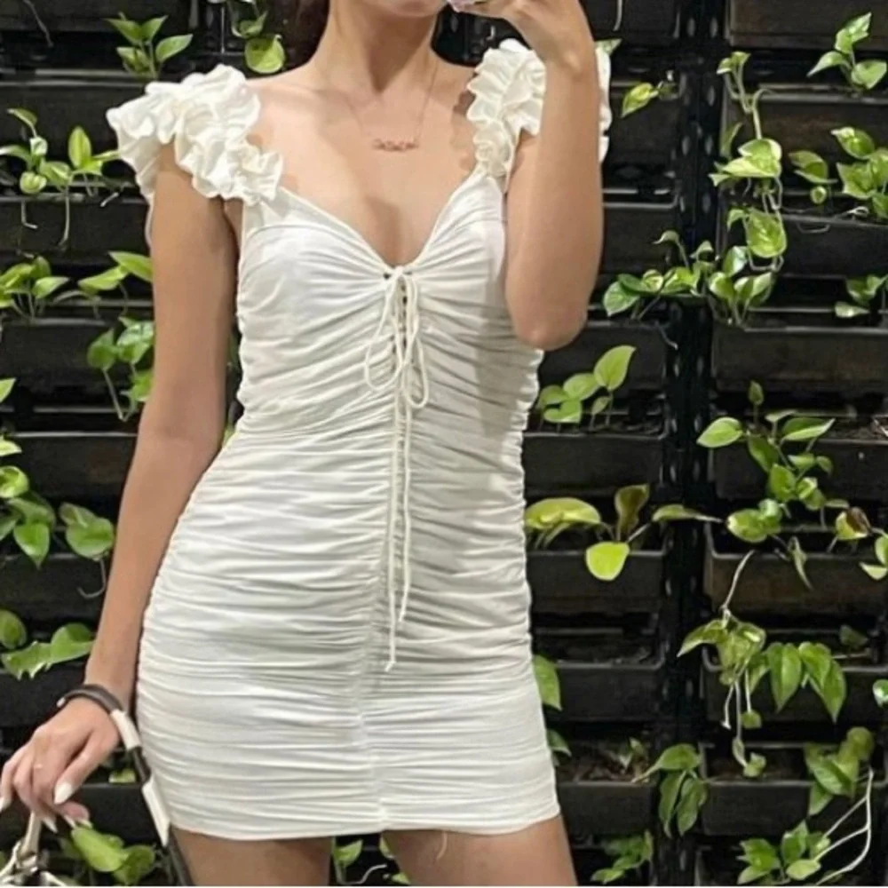 Zara Cream Ruched Mini Dress with Ruffle Straps - Picture 7 of 16